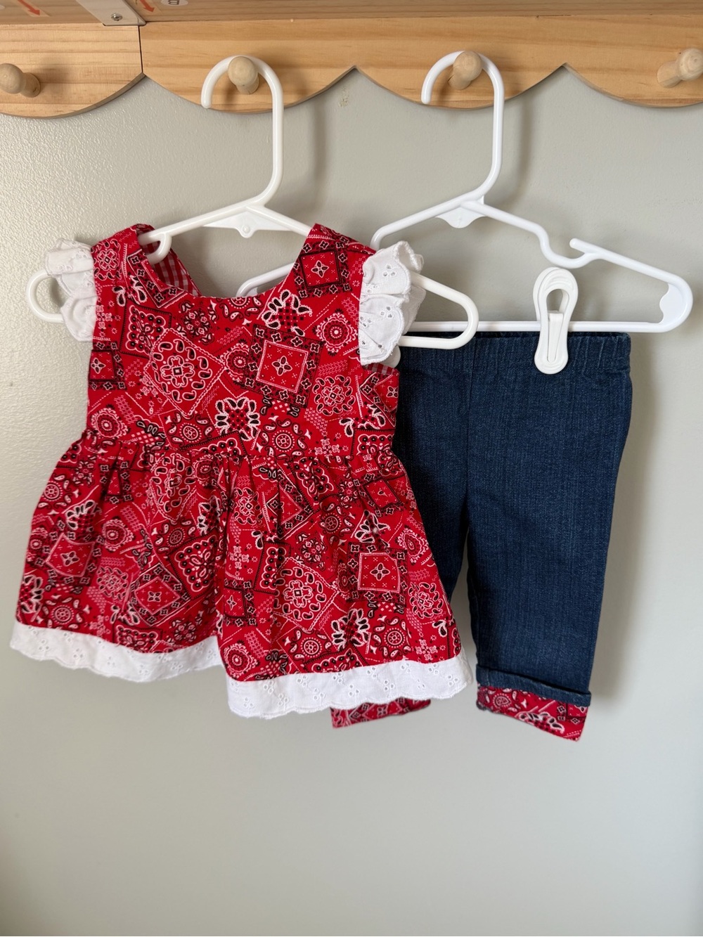 Blueberi Boulevard Girls 12M 2pc Red Bandana Paisley Dress & Denim Pants Set